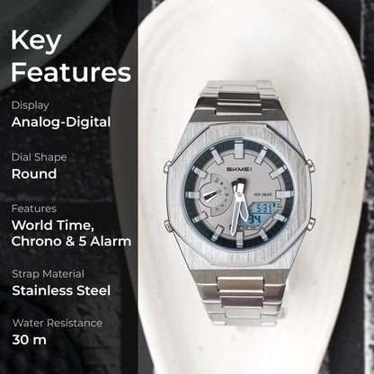 Analog-Digital Watch for Men with Silver Metal Strap and Round Dial for Casual & Formal Wear
