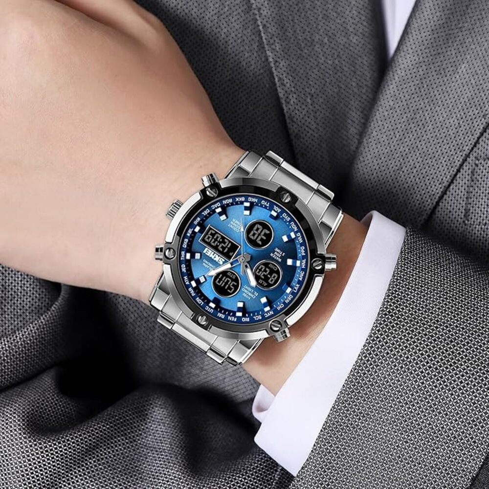Luxury Analog Digital Stainless Steel Watch for Men with Dual Time Display and Premium Business Style