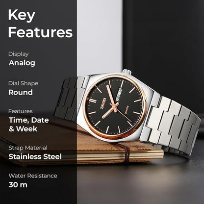 Men's Analog Quartz Stainless Steel Watch All-in-one Fashion, Water Resistant, Supply Calendar Week