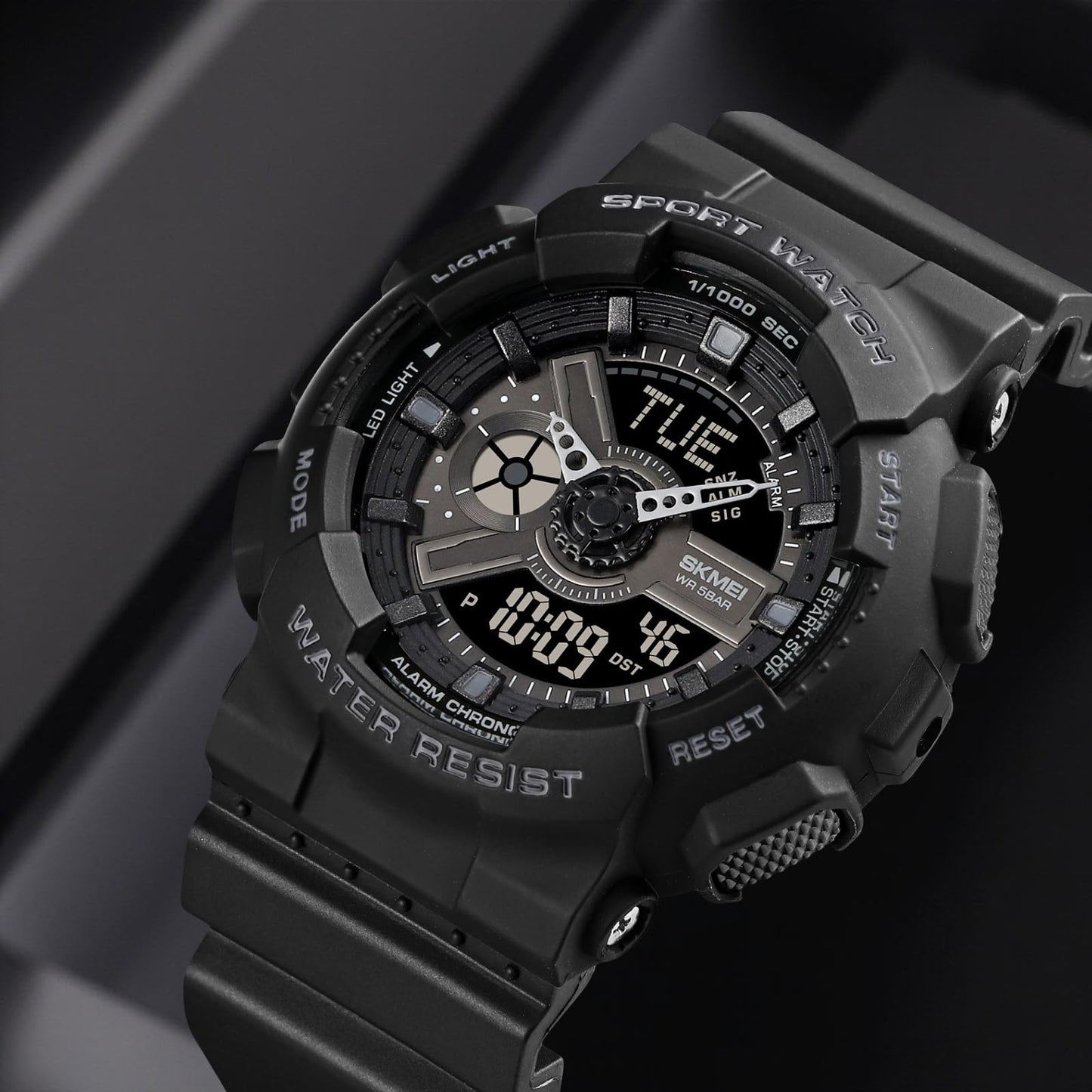 Men's Digital Sports Watch, LED Square Large Face Analog Quartz Wrist Watch with Multi-Time Zone Waterproof Stopwatch