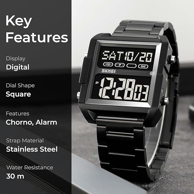 Digital Display Metal Strap Wrist Watch for men