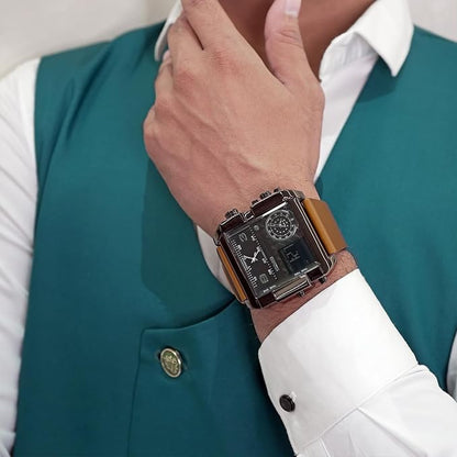 Multi Display Analog Digital Wrist Watch with Leather Strap For Men