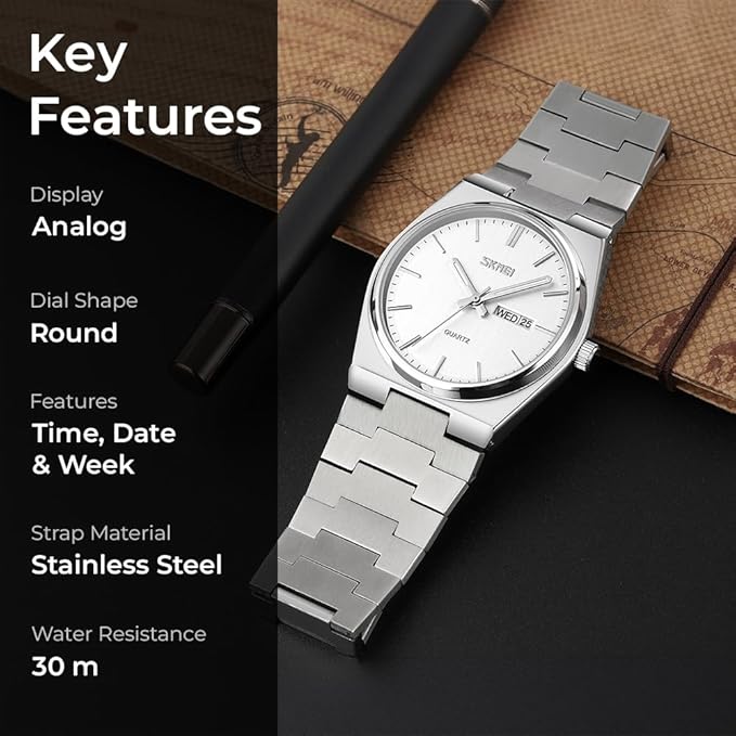 Men's Analog Quartz Stainless Steel Watch All-in-one Fashion, Water Resistant, Supply Calendar Week