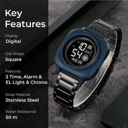 Square Digital Wrist Watch with Metal Strap