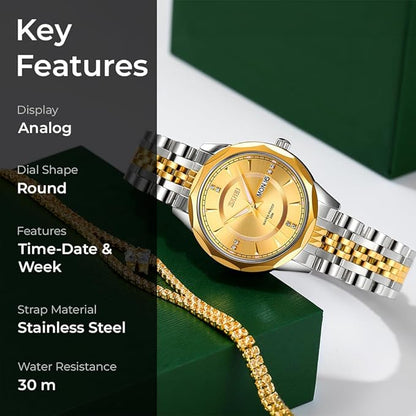 Minimalist Stainless Steel Watch with Date Week Display Simple dial Push-Button Clasp