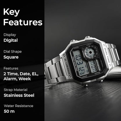 Premium Digital Watch for Men with Square Dial Dual Time Alarm Stopwatch and Metal Strap