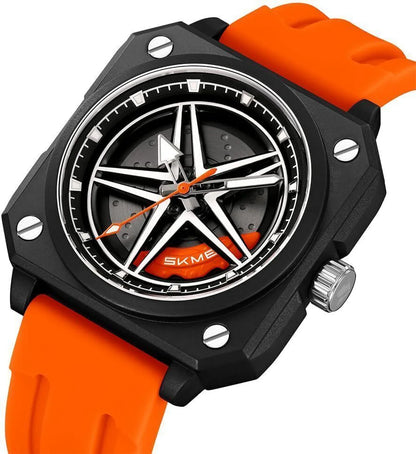 Silicone Men’s Analog Quartz Sports Watch Waterproof & Trendy Wheels Rolling Design