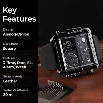 Multi Display Analog Digital Wrist Watch with Leather Strap For Men