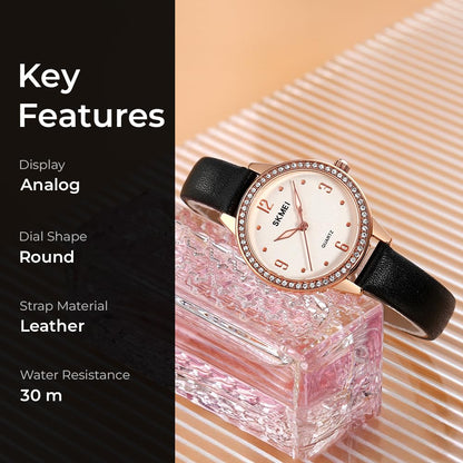 Elegant Women Wristwatch with Sparkling Rhinestone Bezel and Textured Strap