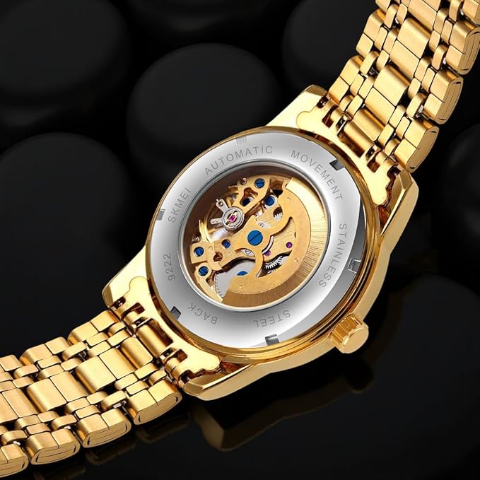 Luxury Skeleton Automatic Watch for Men Black Stainless Steel Strap, Blue Dial with Roman Numerals, Transparent Mechanical Design