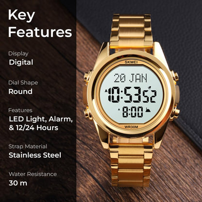 Digital Display White Dial Zinc Alloy Men's Stainless Steel Black Color Stylish Watch