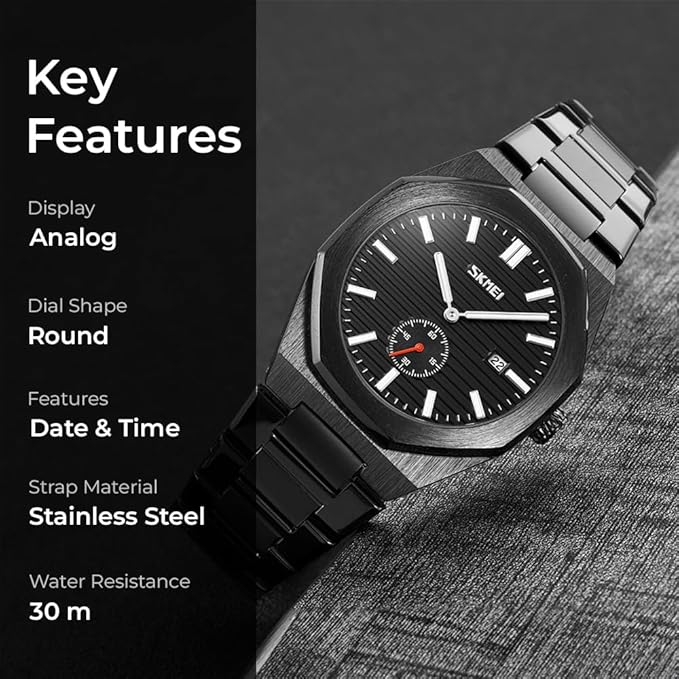 Premium Black Watch for Men – Stainless Steel Strap, Analog Dial with Date Function