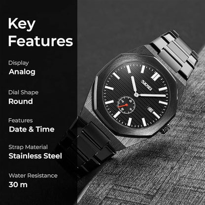 Premium Black Watch for Men – Stainless Steel Strap, Analog Dial with Date Function