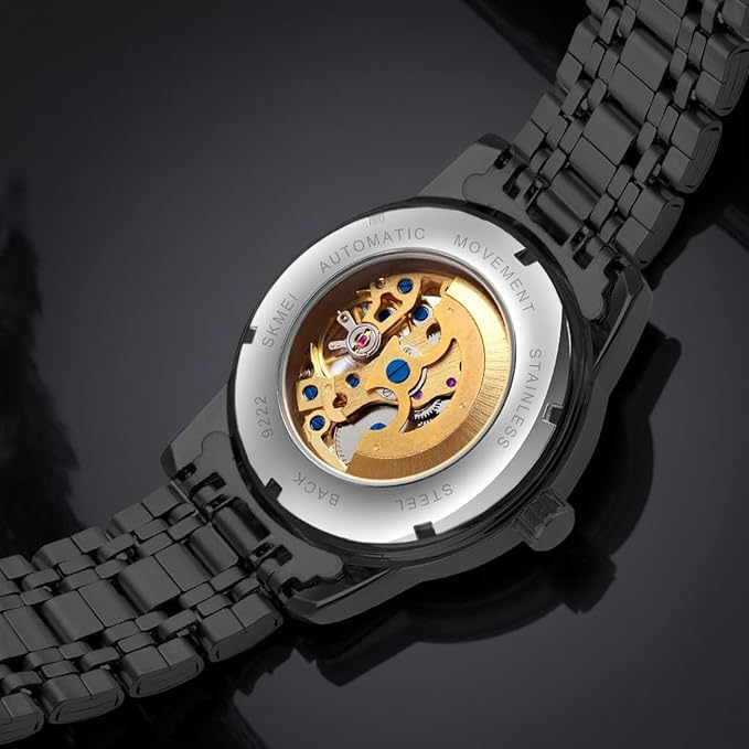 Luxury Skeleton Automatic Watch for Men Black Stainless Steel Strap, Blue Dial with Roman Numerals, Transparent Mechanical Design