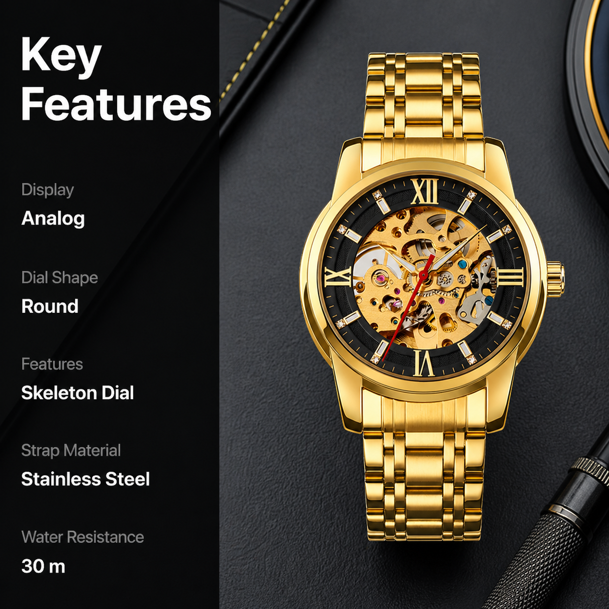 Luxury Skeleton Automatic Watch for Men Black Stainless Steel Strap, Blue Dial with Roman Numerals, Transparent Mechanical Design