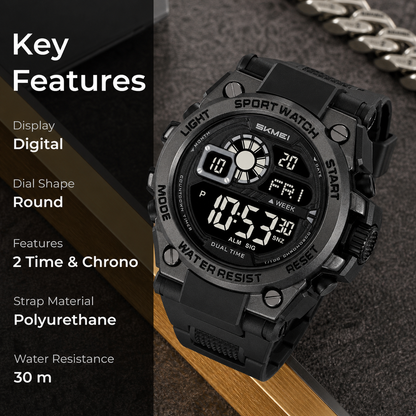 Rugged Digital Sports Watch with Dual Time Display for men