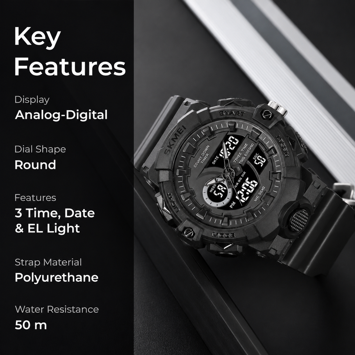 Analog-Digital Watch for Men with Black Silicone Strap and Round Dial for Casual & Formal Wear