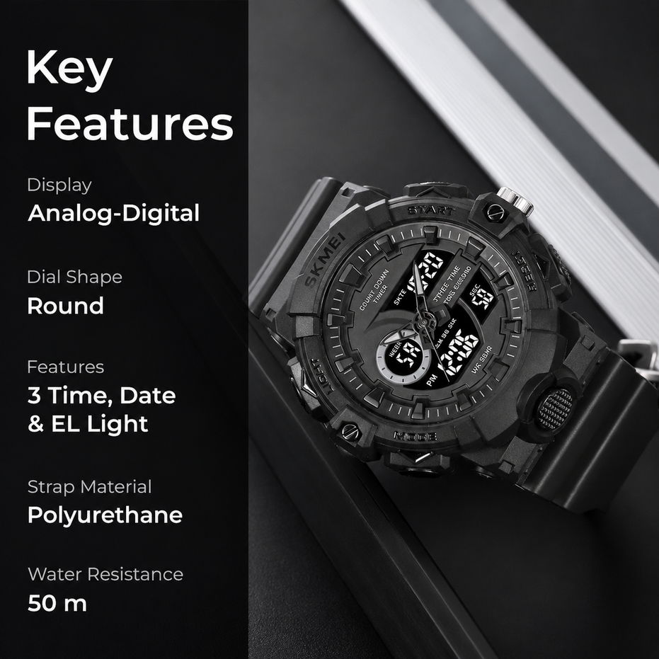 Analog-Digital Watch for Men with Black Silicone Strap and Round Dial for Casual & Formal Wear