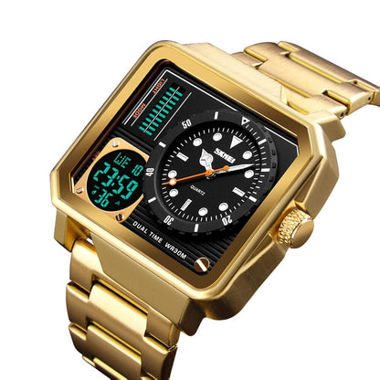 Dual Display Square Dial Wrist Watch with Metal Strap For Men