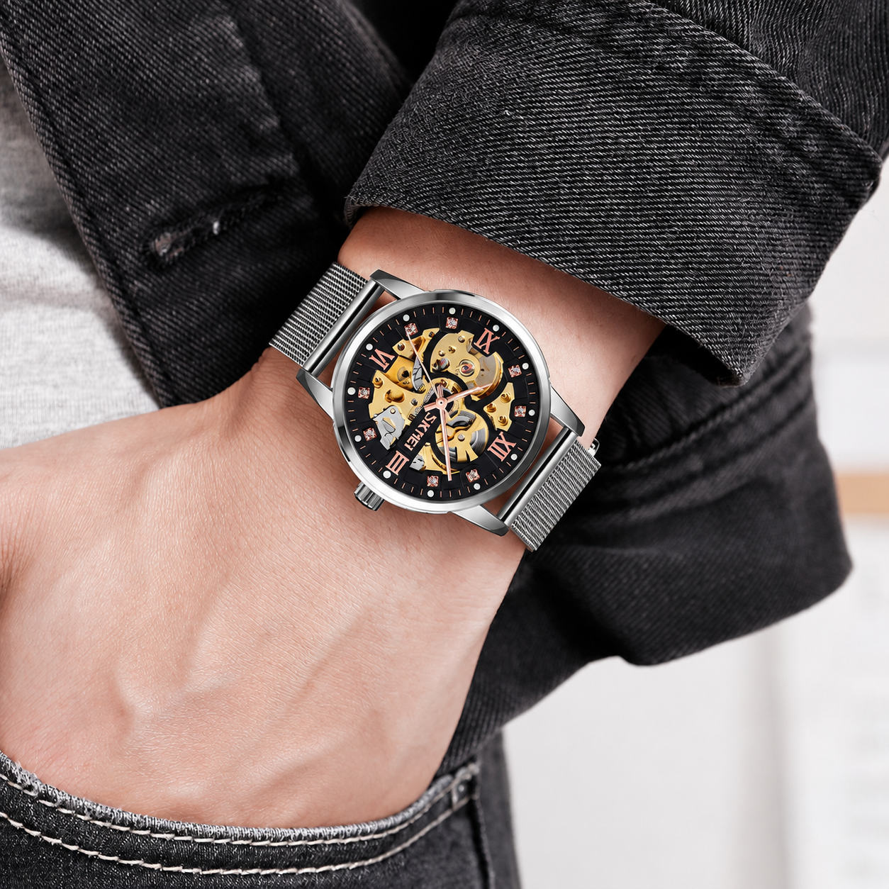 Elegant Skeleton Analog Wrist Watch with Mesh Strap For Men