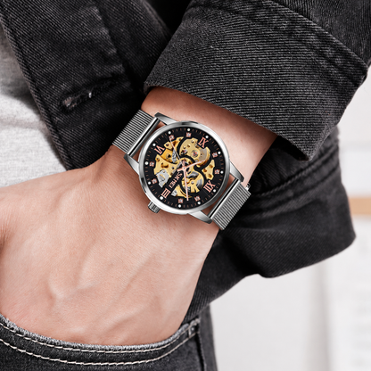 Elegant Skeleton Analog Wrist Watch with Mesh Strap For Men