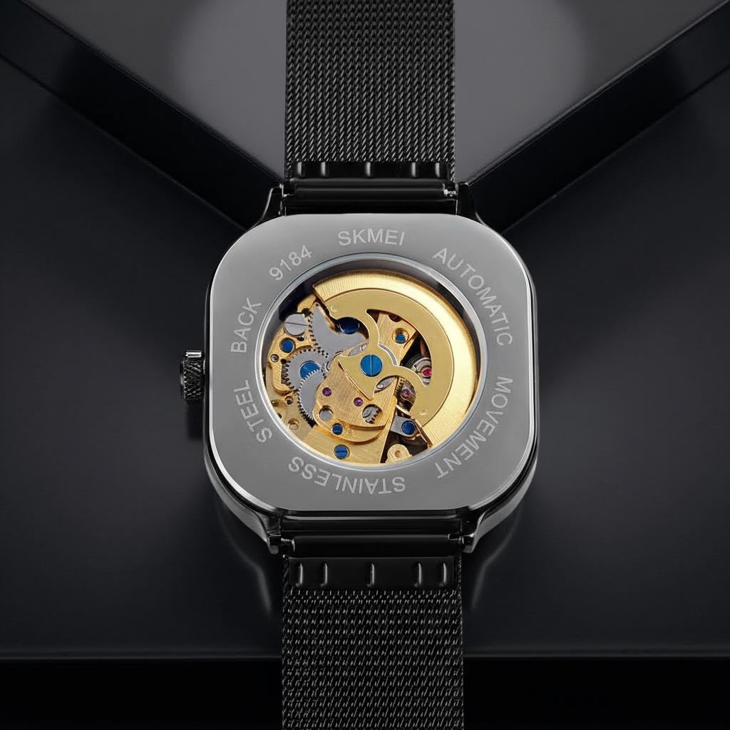 Skeleton Automatic Mechanical Watch for Men with Square Dial and Mesh Strap