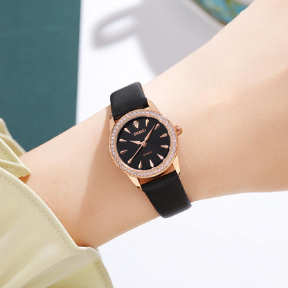 Elegant Crystal Dial Analog Wrist Watch with Leather Strap for women