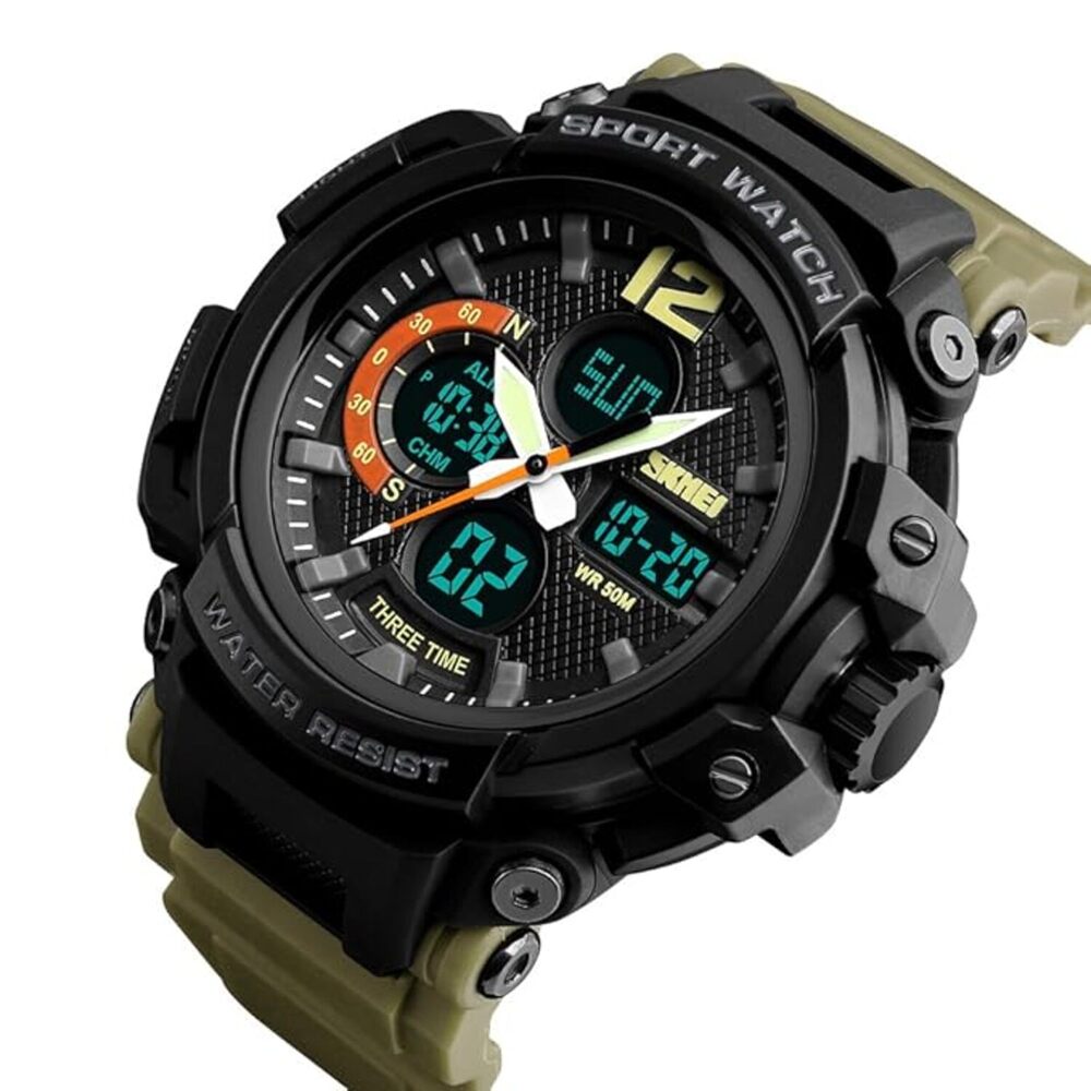 Rugged Dual Display Sports Wrist Watch with Resin Strap For Men