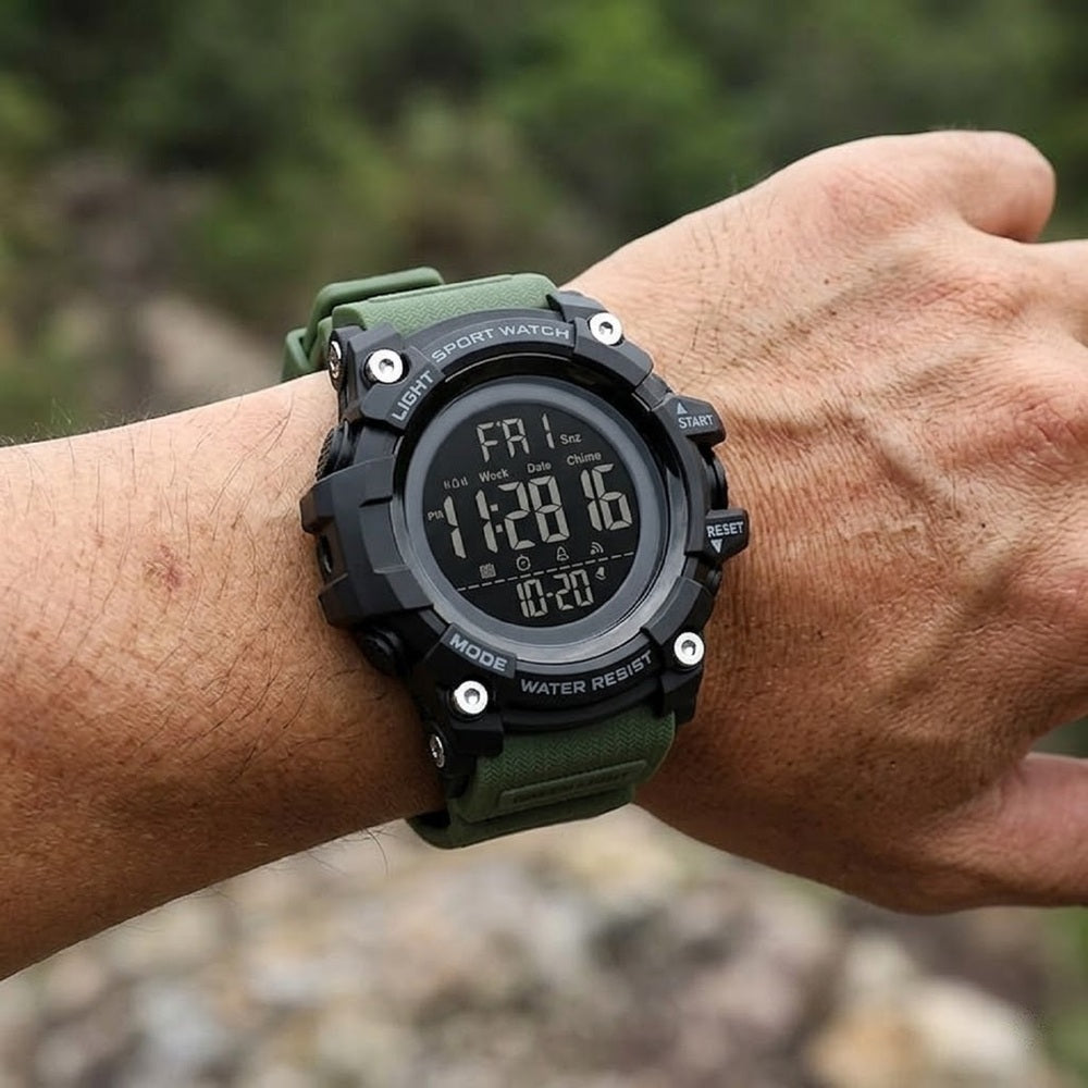 Rugged Digital Sports Watch for Men with Dual Time Display, Alarm, LED Light and Outdoor Style Strap