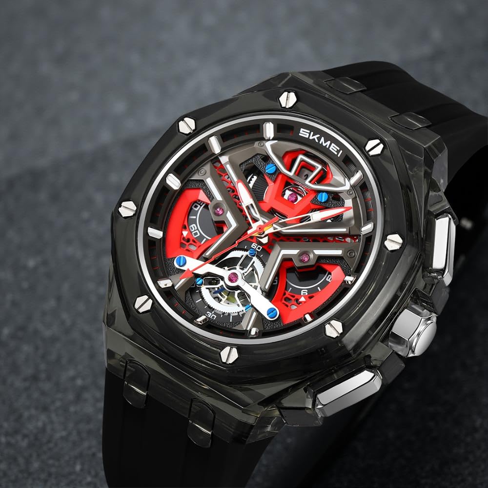 Dynamic Skeleton Dial Sport Watch with Bold Silicone Band