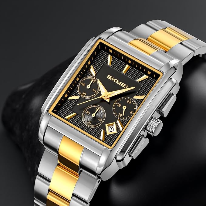 Classic Rectangular Analog Wrist Watch with Date Display and Metal Strap for men