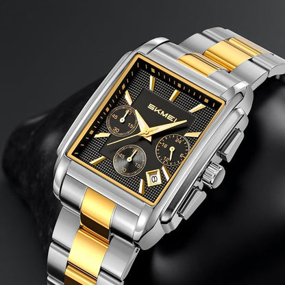 Classic Rectangular Analog Wrist Watch with Date Display and Metal Strap for men