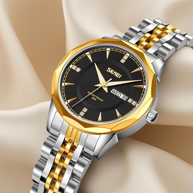 Minimalist Stainless Steel Watch with Date Week Display Simple dial Push-Button Clasp
