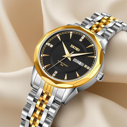 Minimalist Stainless Steel Watch with Date Week Display Simple dial Push-Button Clasp