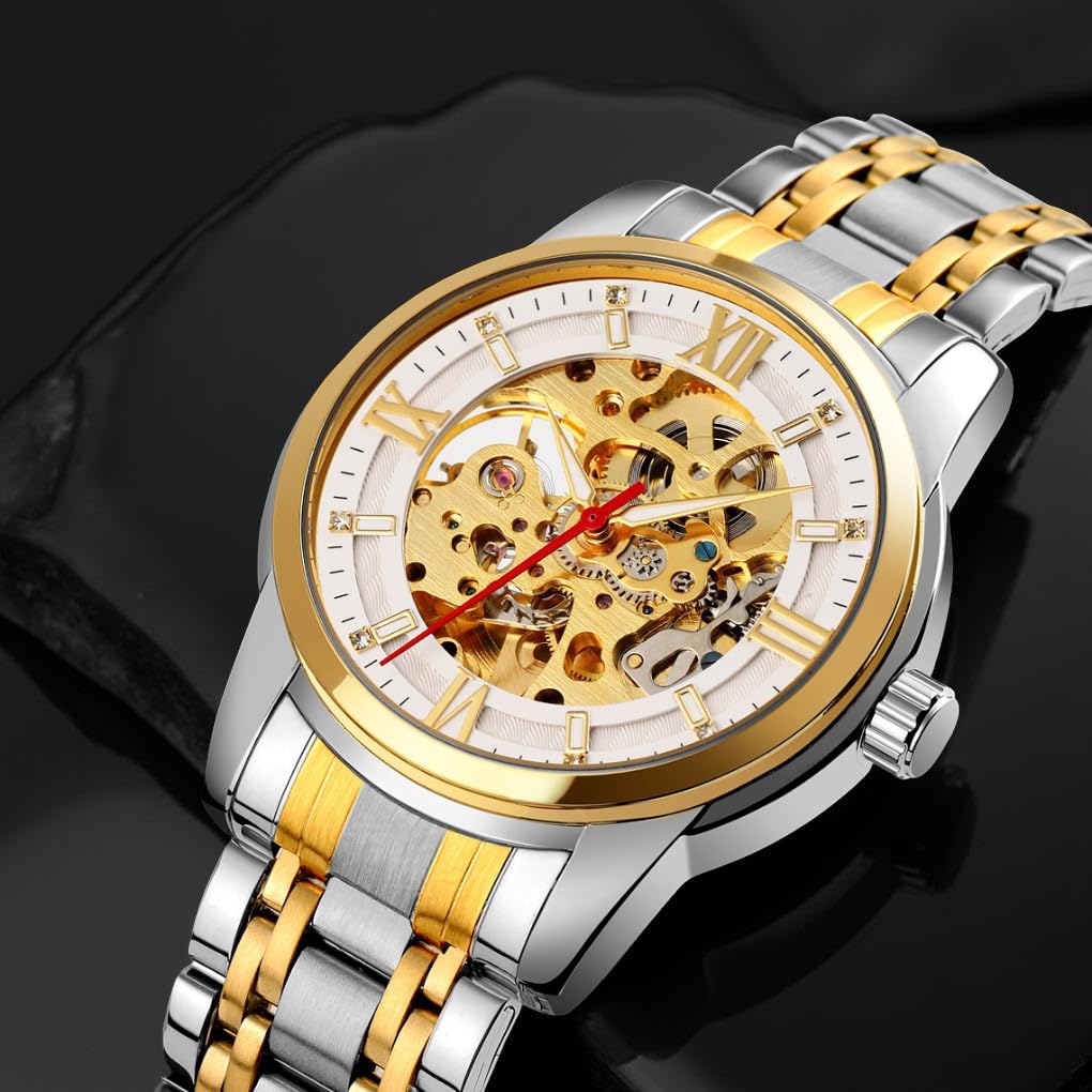 Luxury Skeleton Automatic Watch for Men Black Stainless Steel Strap, Blue Dial with Roman Numerals, Transparent Mechanical Design