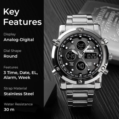 Luxury Analog Digital Stainless Steel Watch for Men with Dual Time Display and Premium Business Style