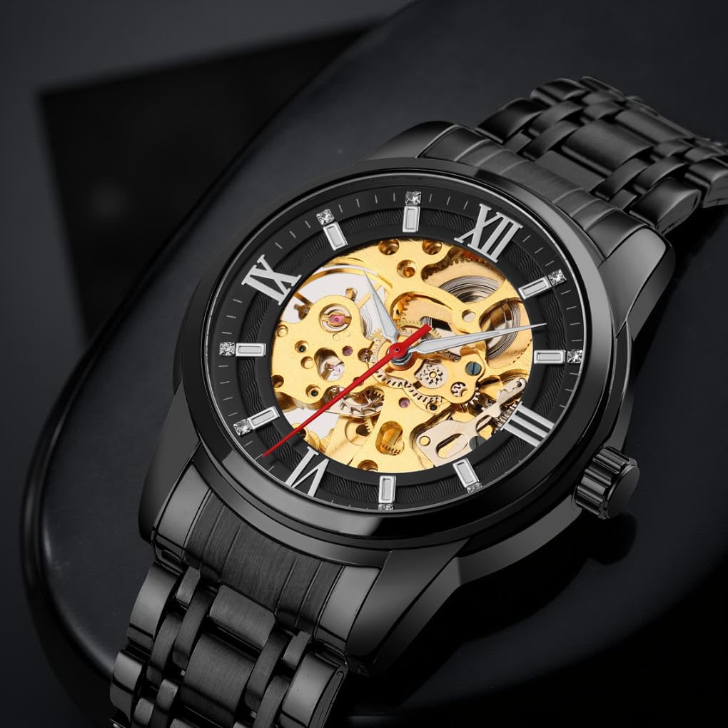 Luxury Skeleton Automatic Watch for Men Black Stainless Steel Strap, Blue Dial with Roman Numerals, Transparent Mechanical Design