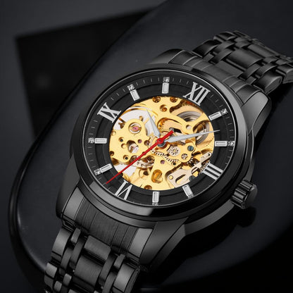 Luxury Skeleton Automatic Watch for Men Black Stainless Steel Strap, Blue Dial with Roman Numerals, Transparent Mechanical Design