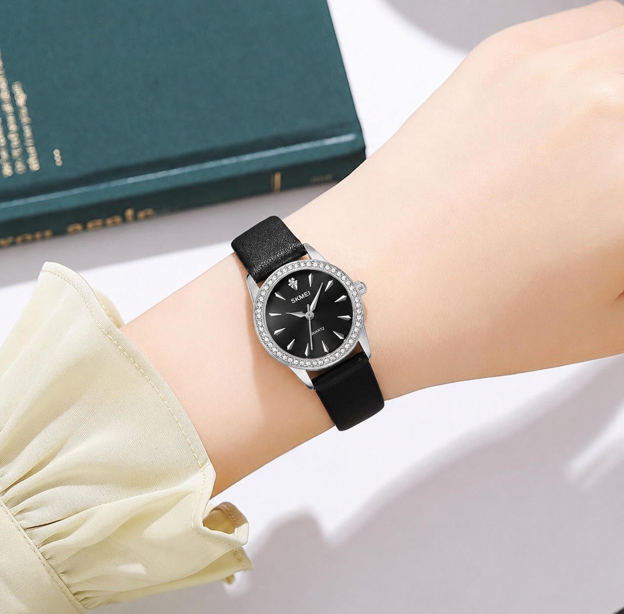 Elegant Crystal Dial Analog Wrist Watch with Leather Strap for women