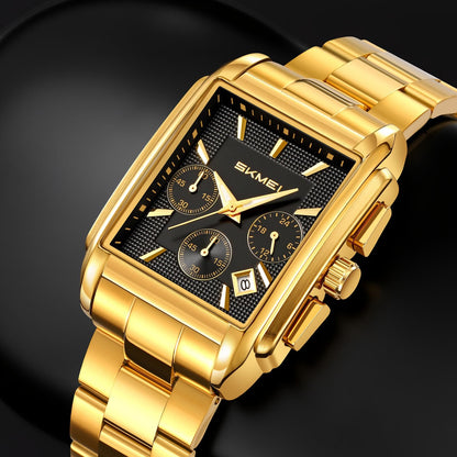 Classic Rectangular Analog Wrist Watch with Date Display and Metal Strap for men