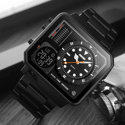 Dual Display Square Dial Wrist Watch with Metal Strap For Men