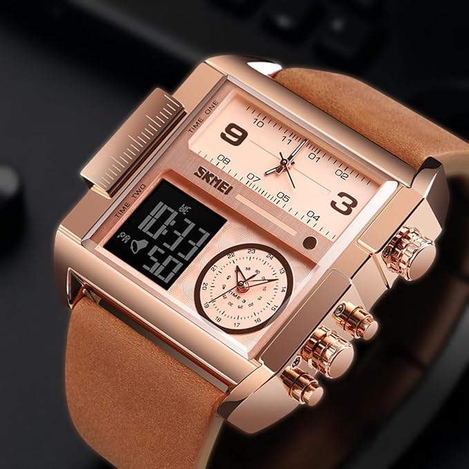 Multi Display Analog Digital Wrist Watch with Leather Strap For Men