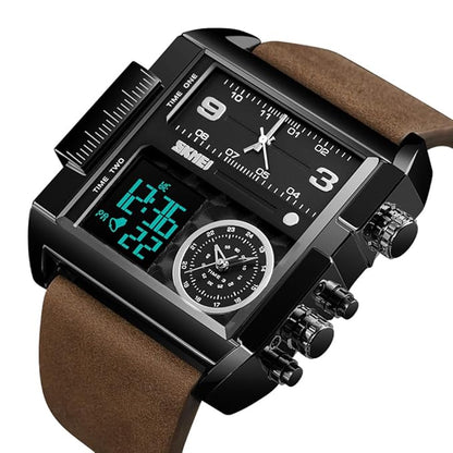 Multi Display Analog Digital Wrist Watch with Leather Strap For Men