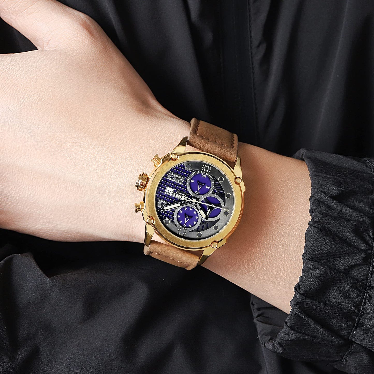 Premium Leather Chronograph Wristwatch with Textured Multi-Dial