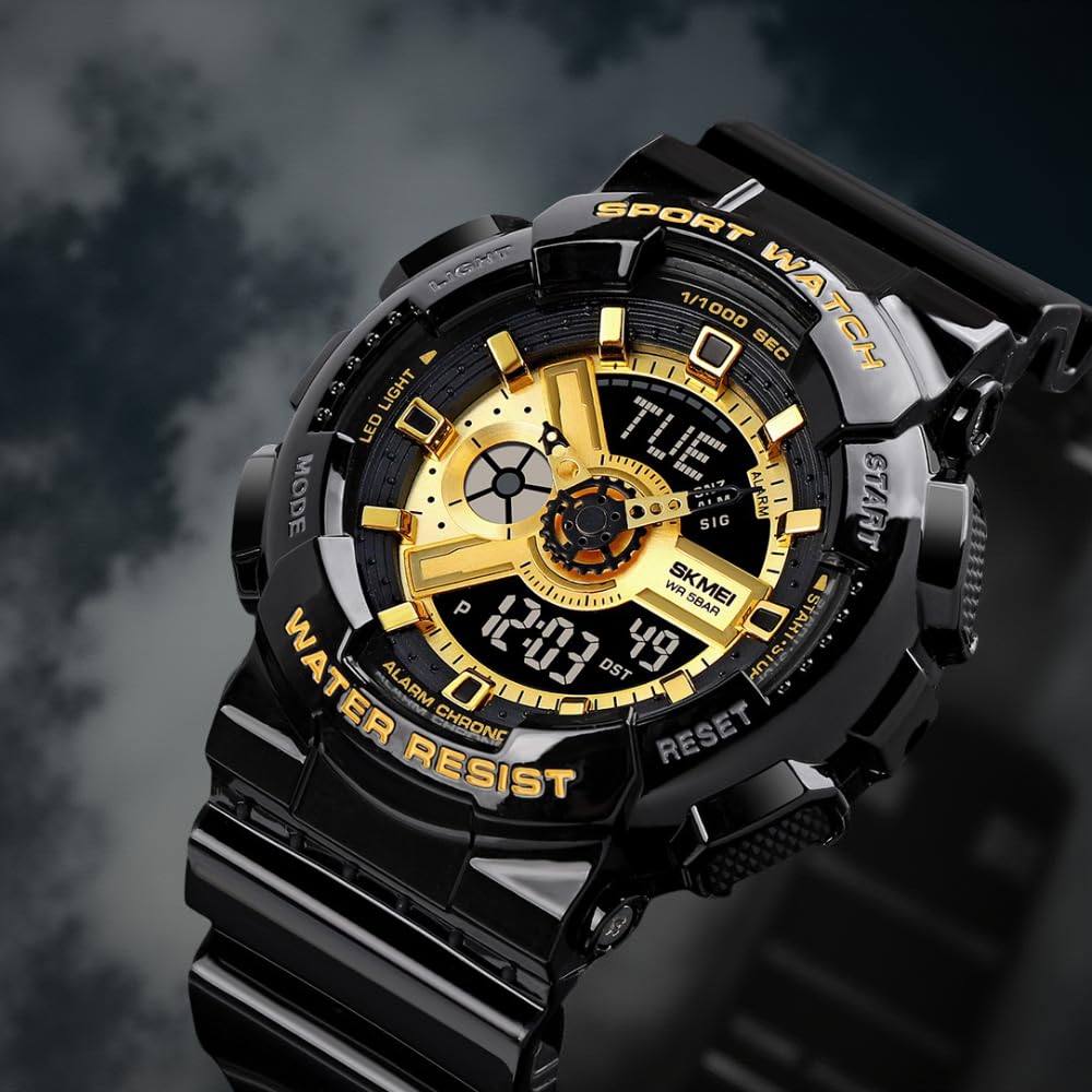 Men's Digital Sports Watch, LED Square Large Face Analog Quartz Wrist Watch with Multi-Time Zone Waterproof Stopwatch