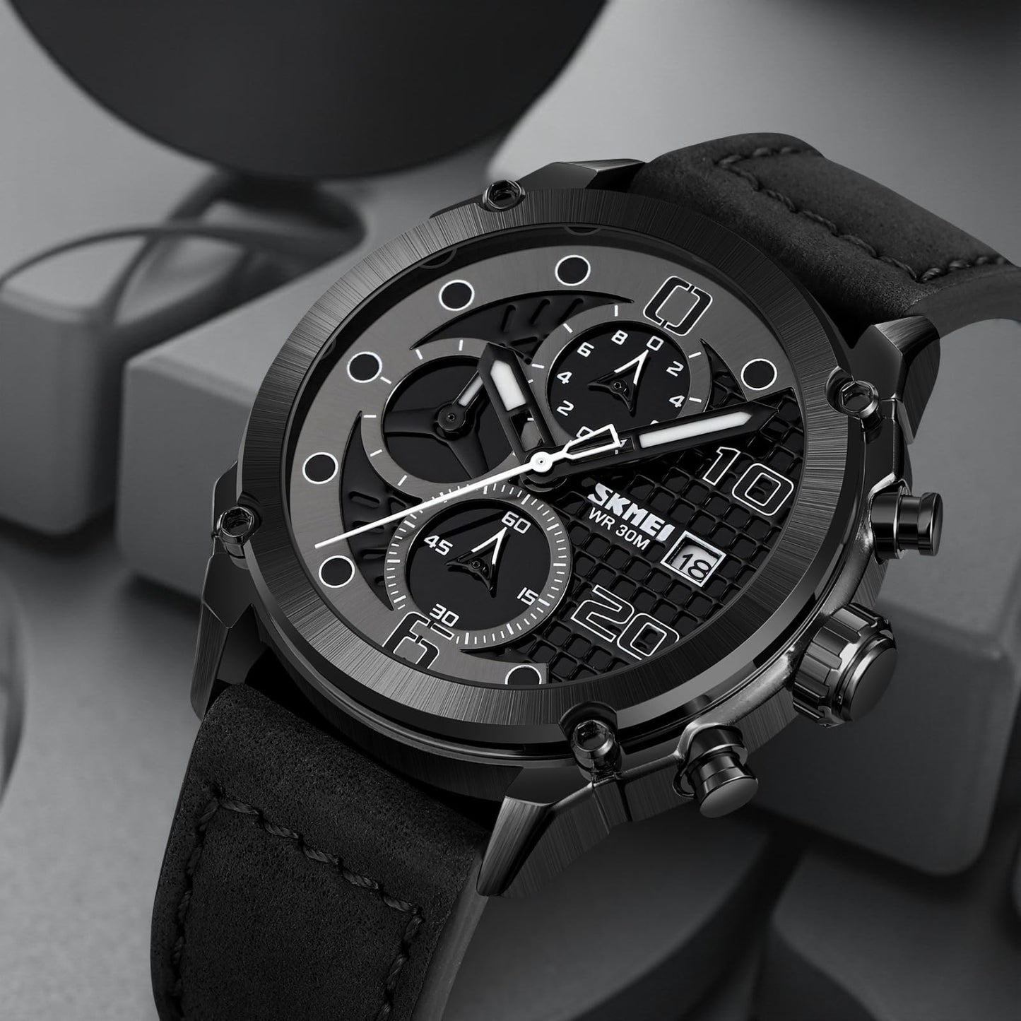 Premium Leather Chronograph Wristwatch with Textured Multi-Dial