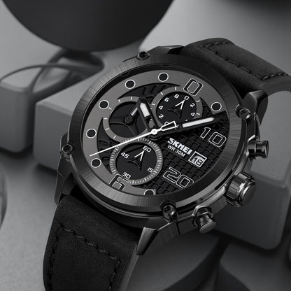 Premium Leather Chronograph Wristwatch with Textured Multi-Dial