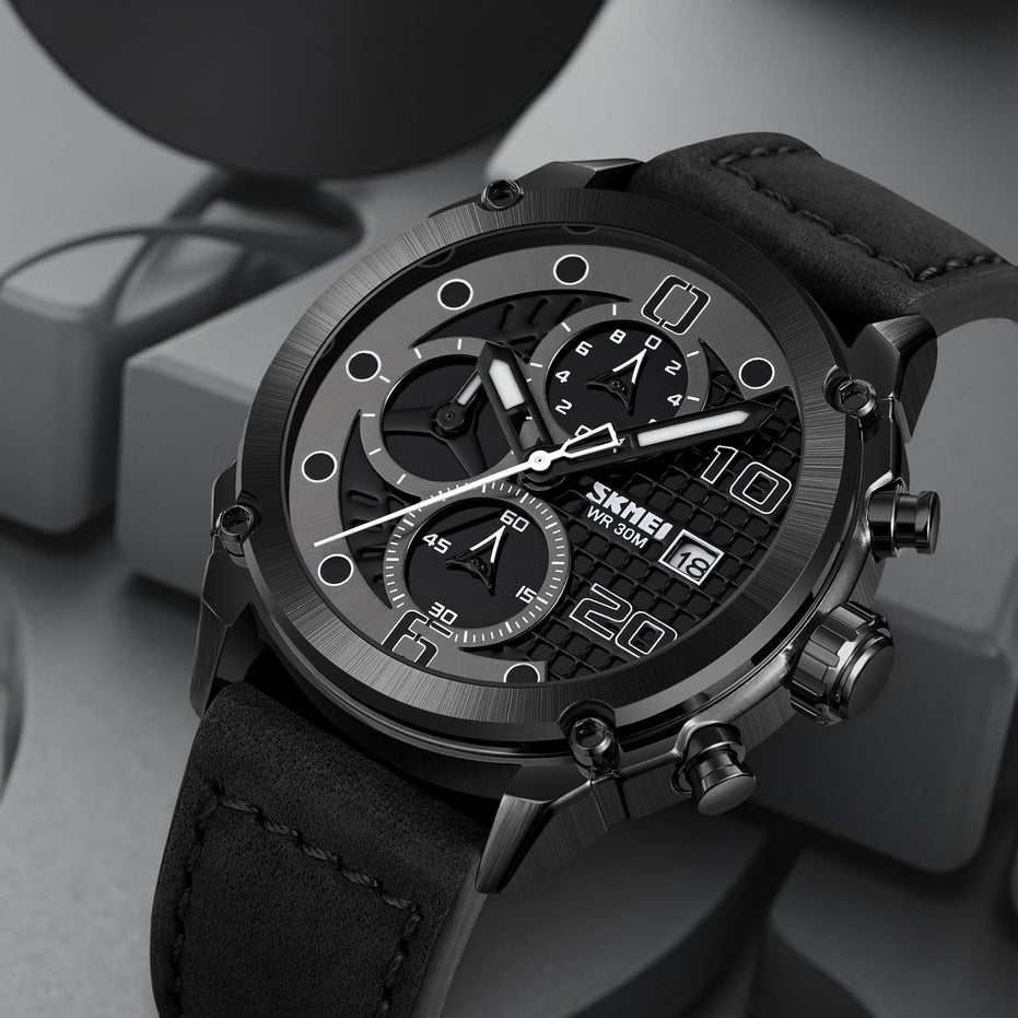 Analog Watch for Men with Black Leather Strap and Round Dial for Casual & Formal Wear