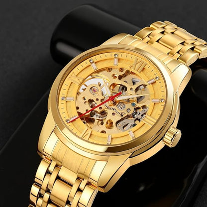 Luxury Skeleton Automatic Watch for Men Black Stainless Steel Strap, Blue Dial with Roman Numerals, Transparent Mechanical Design
