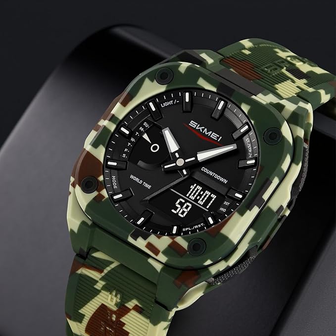 Rugged Analog Digital Sports Watch with Patterned Strap for men